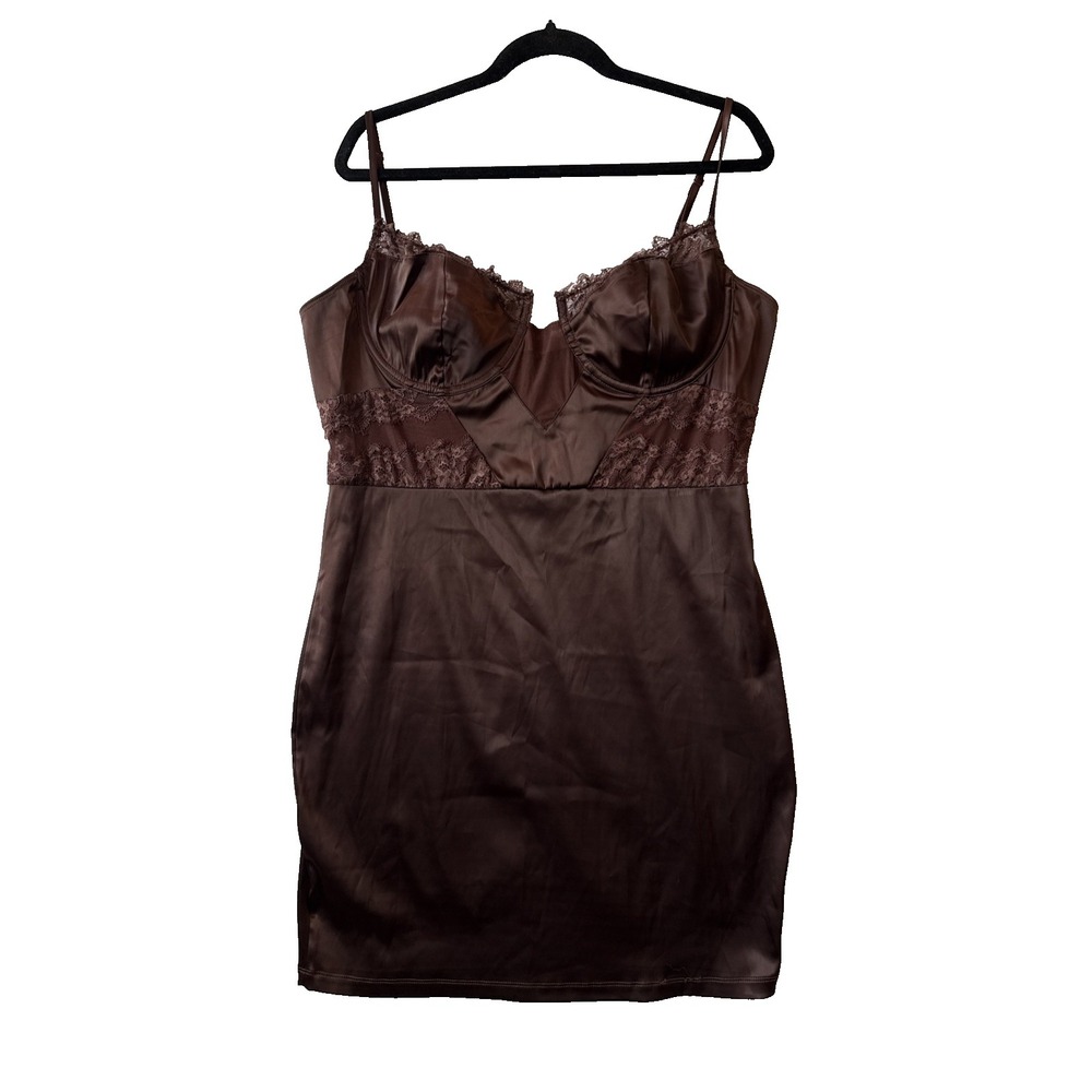 Fashion Nova Satin Corset Mini Dress NWT Brown Lace Slip Bodycon 2X Y2K Romantic